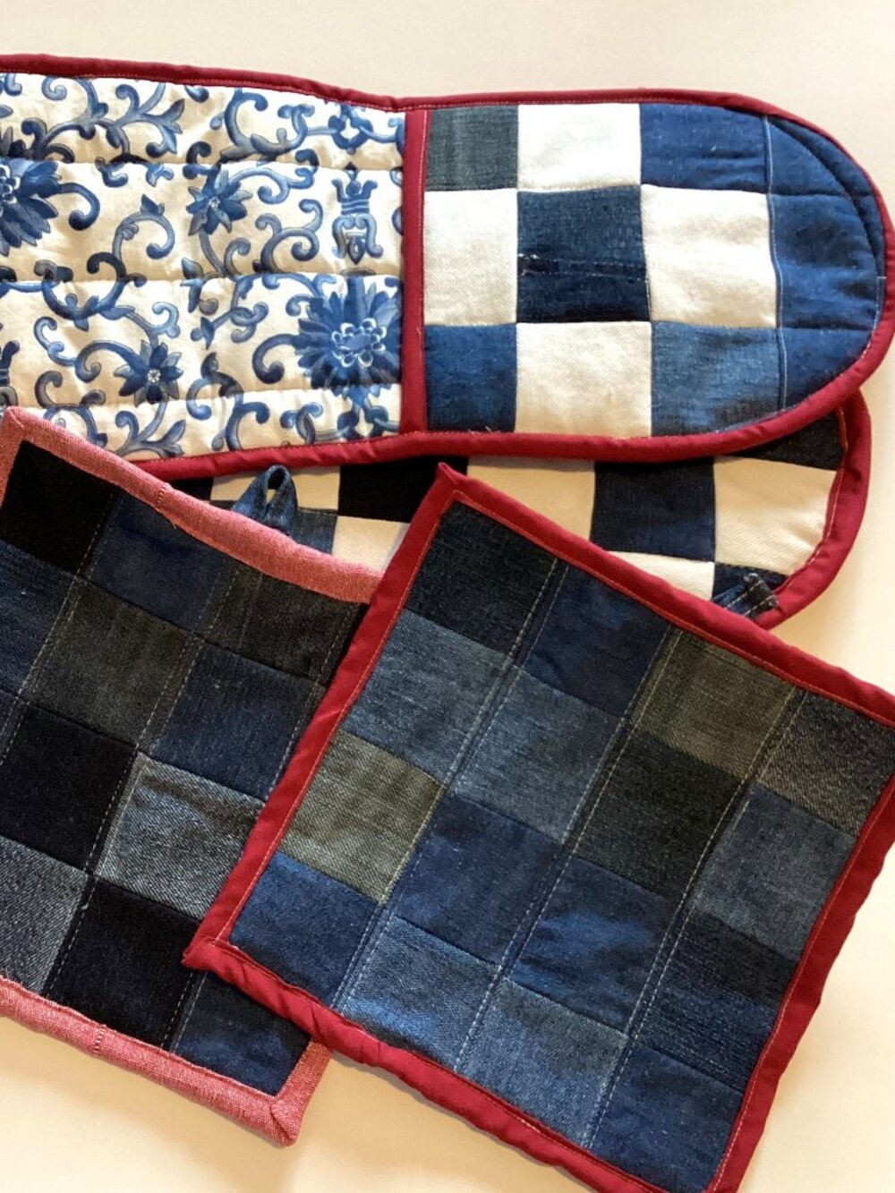 Handmade Denim Double Oven Mitt + 2 Pot Holders Heat Resistant Father's Day Gift